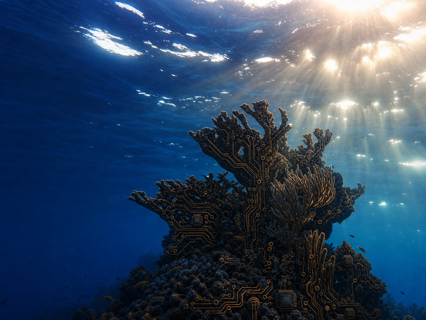 Ocean scene with subtle printed circuit board traces